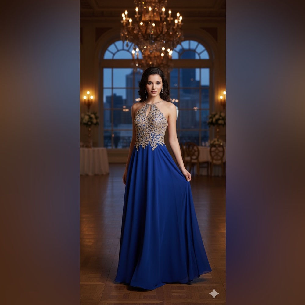 Anny Lee Royal Blue Embroidered Rhinestone Keyhole Prom Dress Size XS